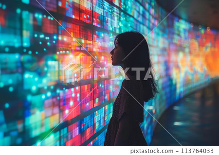 Man using virtual entertainment with virtual reality goggles. Generative AI 113764033
