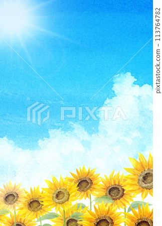 水彩畫雲彩與向日葵田明信片模板 113764782