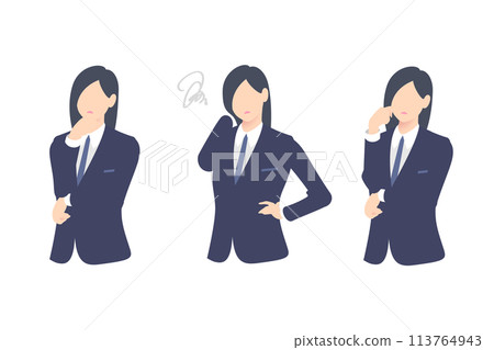 一位正在思考、舉起手來、憂心忡忡的女商人的上半身 113764943