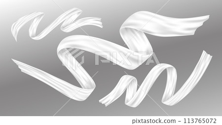 White silk fabric flying in the wind on grey background Vector illustration 113765072