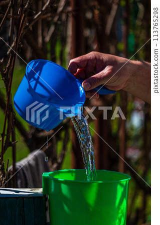Green washbasin in the yard. Hand wash basin. 113765298