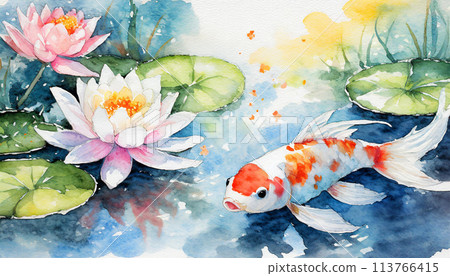 睡蓮花和鯉魚畫水彩 113766415