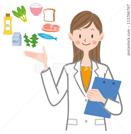 Nutritionist explaining nutritional balance of ingredients illustration Nutritionist explaining nutritional balance of ingredients illustration 113766767