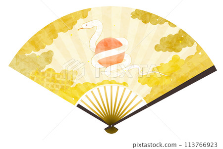 White snake, folding fan for the year of the snake 2025, Japanese-style material with a Japanese pattern background and sea of clouds 113766923