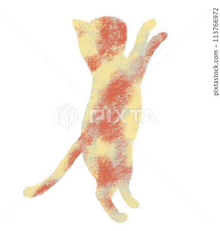 Cat standing sideways on two legs, crayon touch, orange 113766972