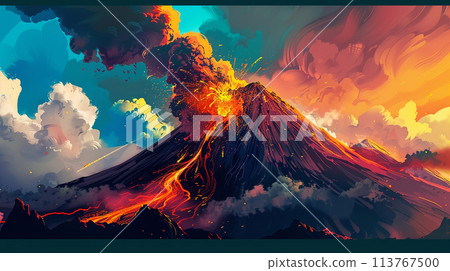 Lava flows during an eruption Generative AI 113767500