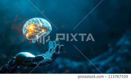 A robotic hand gently cradles a glowing brain with the shimmering neural network. The fusion of human intelligence with artificial intelligence. Generative AI. 113767509