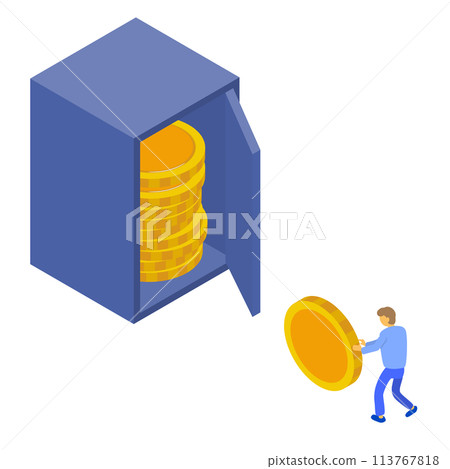一名男子將錢存入保險箱並保存。等距插圖。投資和儲蓄的形象。 一名男子將錢存入保險箱並保存。等距插圖。投資和儲蓄的形象。 113767818
