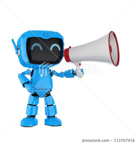 Online marketing concept with 3d rendering personal assistant robot with megaphone 113767916