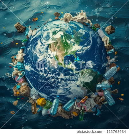 Planet Earth surrounded by plastic waste. World Environment Day Concept. Mother Earth Day Concept. 113768684