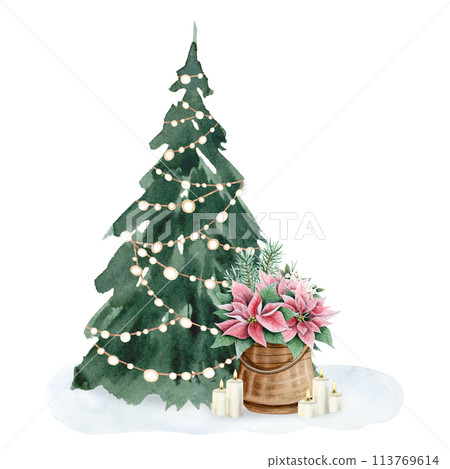 Decorated Christmas tree with lights garland and poinsettia flowers watercolor illustration isolated on white background in vintage style for Happy New Year greeting cards and designs Decorated Christmas tree with lights garland and poinsettia flowers watercolor illustration isolated on white background in vintage style for Happy New Year greeting cards and designs 113769614