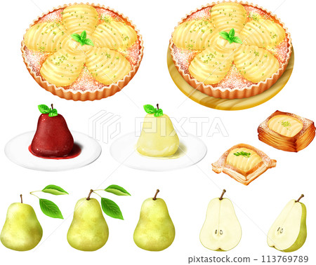 Pear and pear dessert set: tart, compote, danish, cooked in red wine 113769789