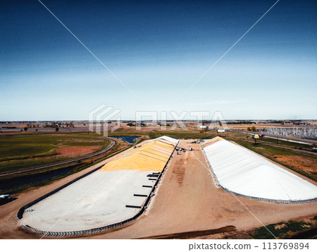Drone view over grain storage piles being filled and covered 113769894