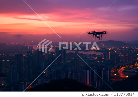 one drone over city at summer sunrise 113770034