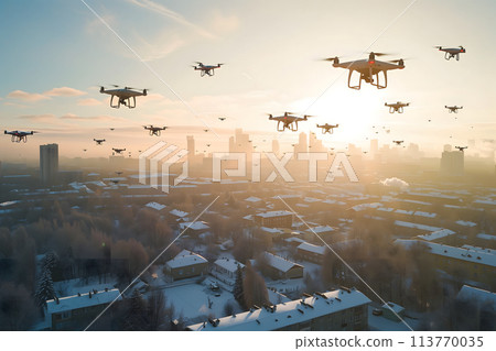 group of drones over city at winter morning 113770035
