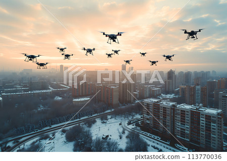 group of drones over city at winter morning group of drones over city at winter morning 113770036