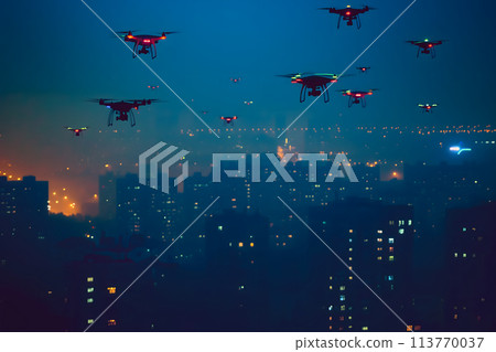 group of drones over city at summer morning group of drones over city at summer morning 113770037