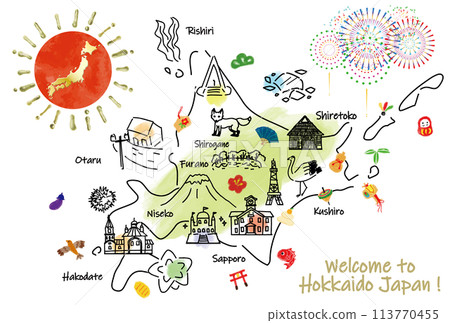 Illustrated map of Hokkaido's tourist attractions New Year's card 2025 113770455