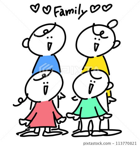Smiling family of four - simple and cute line drawing illustration Smiling family of four - simple and cute line drawing illustration 113770821