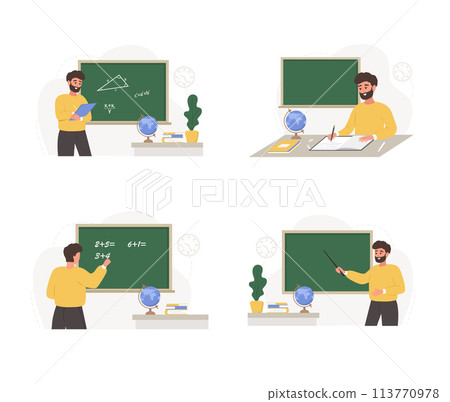 Male teachers in classroom set. Different men characters at lecture at chalkboard. School and college concept. Vector illustration in flat cartoon style 113770978