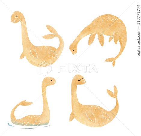 Nessie or Loch Ness Monster . Cute dinosaur cartoon characters . Watercolor paint design . Set 15 of 20 . Vector . 113771774