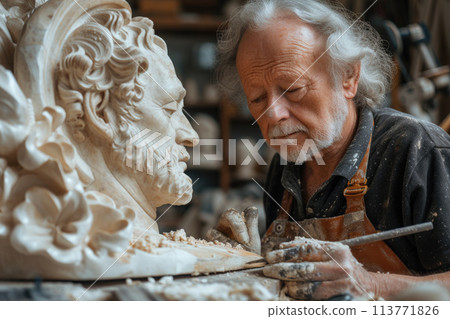 Sculptor with a white beard working on a sculpture in a studio 113771826