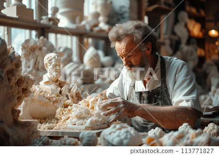 Sculptor with a white beard working on a sculpture in a studio 113771827