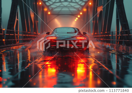 car driving on a bridge against the backdrop of dawn. 113771840