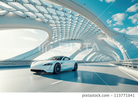 White sports car driving on a bridge against the backdrop of dawn. 113771841
