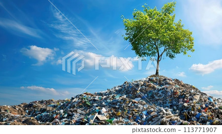 a young tree growing from a mountain of landfill, household waste garbage over a blue sky 113771907
