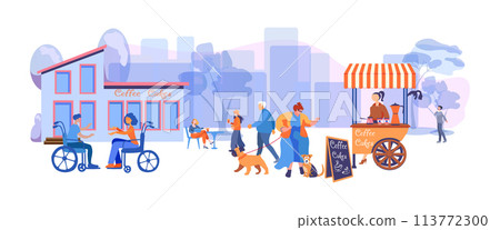 People going along city street trees. A woman with dogs approached a fast food cart. Urban panorama with buildings. The concept of including people with disabilities and people of different ages in People going along city street trees. A woman with dogs approached a fast food cart. Urban panorama with buildings. The concept of including people with disabilities and people of different ages in 113772300