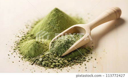 Powdered matcha green tea in wooden spoon on white background. Generative AI Powdered matcha green tea in wooden spoon on white background. Generative AI 113772427