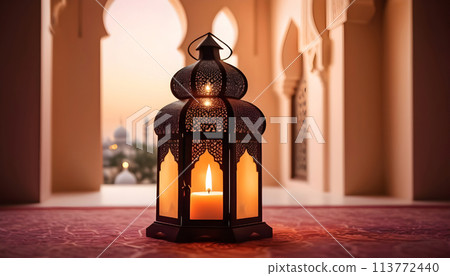 Ramadan Kareem greeting card. Arabic lantern with burning candle in mosque. Generative AI 113772440