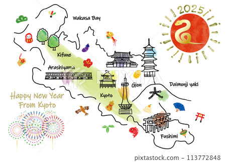 Illustrated map of Kyoto's tourist attractions New Year's card 2025 113772848