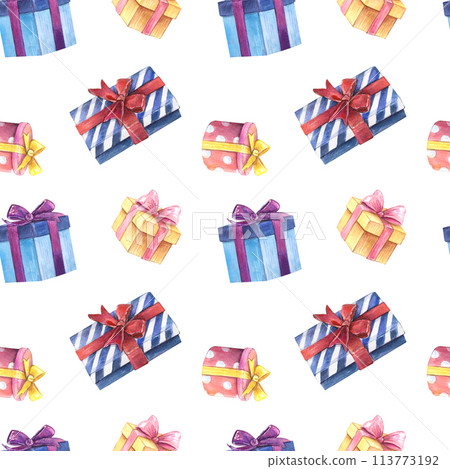 Present box pattern watercolor drawing seamless. Gift birthday anniversary holiday square round circle purple bow. Decoration ribbon isolated white background. Aquarelle party dots stripped sale shop  113773192