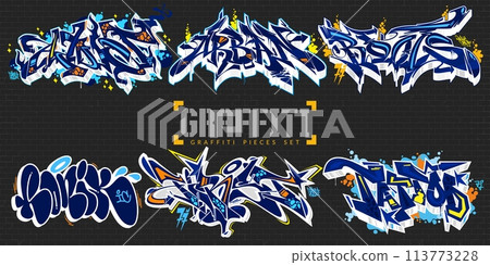 Dark Abstract Colorful Urban Street Art Lettering Vector Illustration Graffiti Pieces Set Dark Abstract Colorful Urban Street Art Lettering Vector Illustration Graffiti Pieces Set 113773228