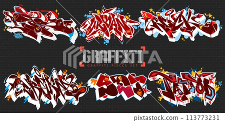 Trendy Dark Abstract Colorful Urban Graffiti Style Street Art Lettering Vector Illustration Set 113773231