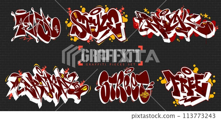 Trendy Dark Abstract Colorful Urban Street Art Lettering Vector Illustration Graffiti Pieces Set 113773243