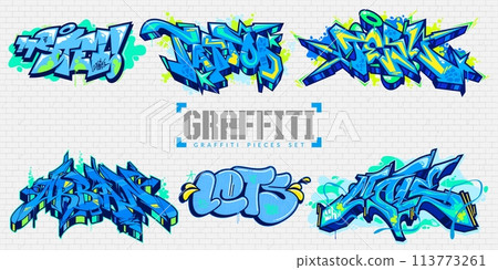 Abstract Colorful Urban Graffiti Style Street Art Lettering Vector Illustration Set 113773261