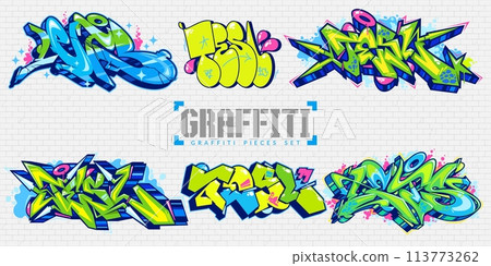 Trendy Abstract Colorful Urban Graffiti Style Street Art Lettering Vector Illustration Set 113773262