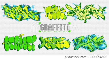 Abstract Colorful Urban Graffiti Style Street Art Lettering Vector Illustration Set 113773263