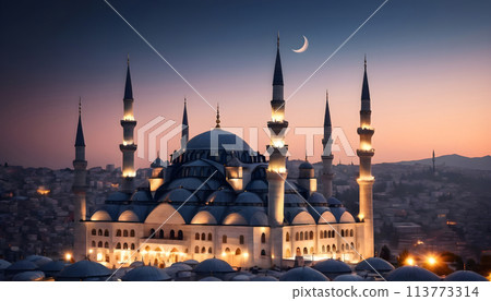 Sunset over the Blue Mosque in Istanbul, Turkey. Selective focus. Generative AI 113773314