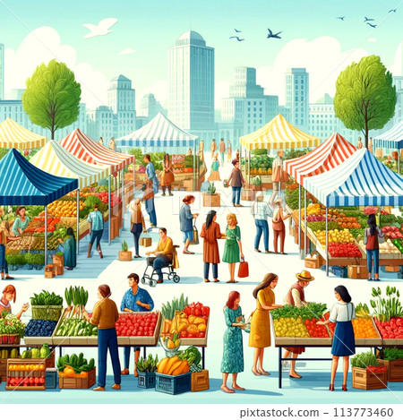 充滿活力的城市農貿市場，擁有各種各樣的購物者和食品攤販 113773460