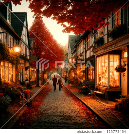 舒適的秋季景觀，有鵝卵石街道和自行車 113773464