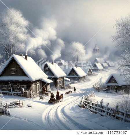 Quiet winter village with snowy roads and chimneys 113773467