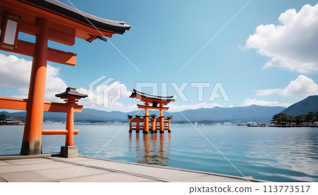 Torii gate of Shinto shrine in Miyajima, Japan. Generative AI Torii gate of Shinto shrine in Miyajima, Japan. Generative AI 113773517