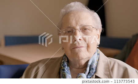 Confident old woman looking at camera sitting in geriatric Confident old woman looking at camera sitting in geriatric 113773543