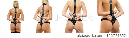 Beautiful sexy woman in bdsm outfit. Submissive lady with handcuffs. Collage, image montage. 113773852