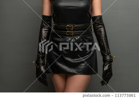 Beautiful young woman in a leather dress and bondage set posing Beautiful young woman in a leather dress and bondage set posing 113773861