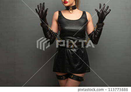 Beautiful young woman in a leather dress and bondage set posing Beautiful young woman in a leather dress and bondage set posing 113773888